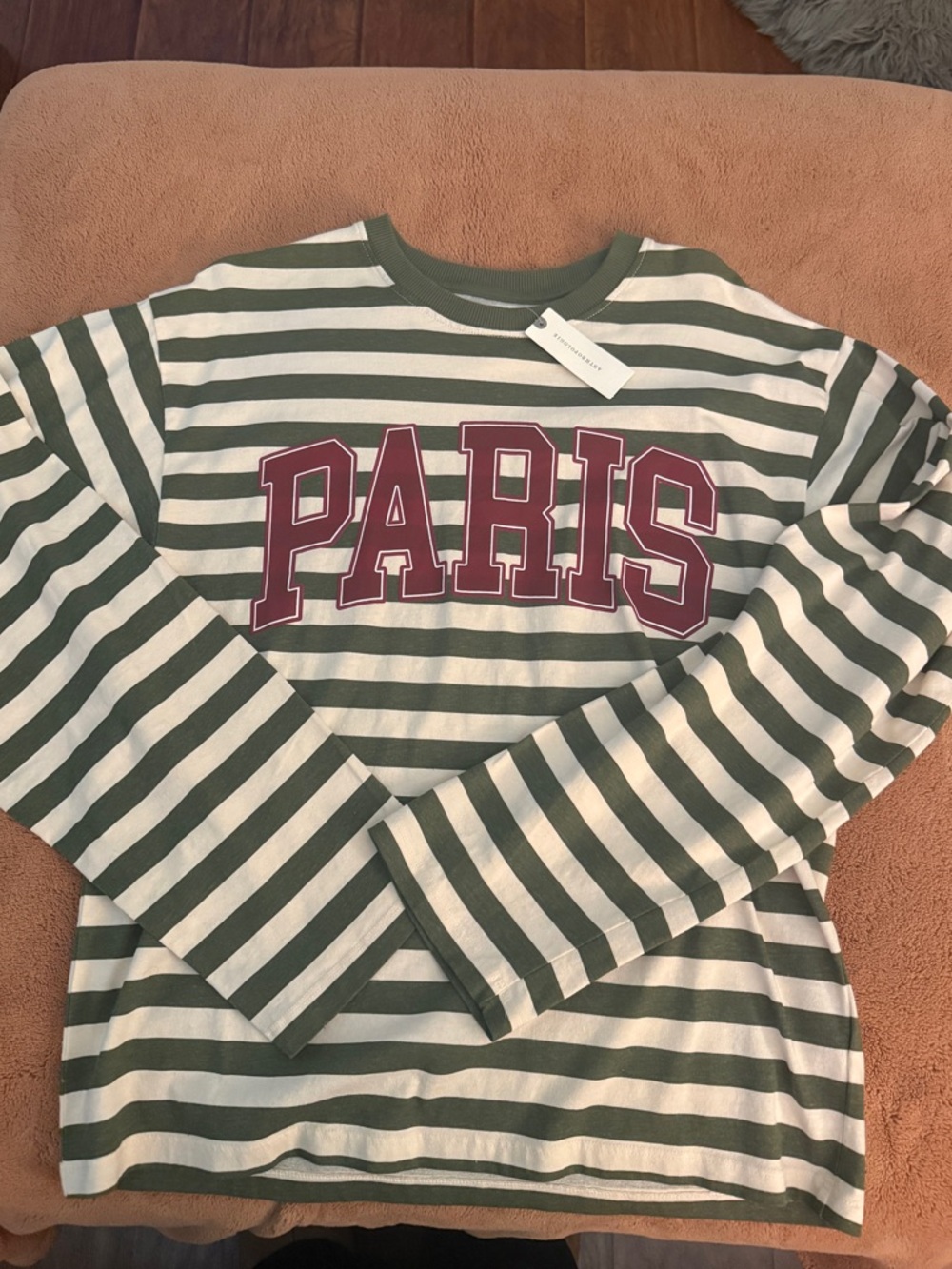 Anthropologie Olive Green and Cream Striped Paris Tee